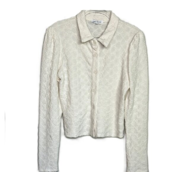 Jacquie The Label Top Women's Large Cream Textured‎ Puff Sleeve Button-Up Blouse - Picture 2 of 13